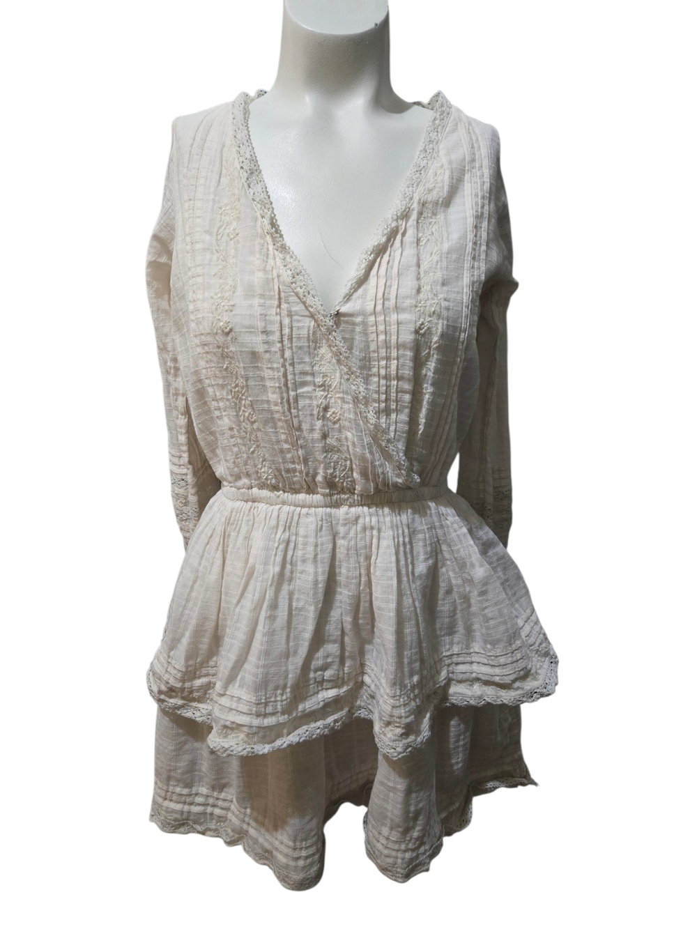 American Eagle Ivory Boho Gauze Mini Dress Women's Small Long Sleeve Lace Peplum